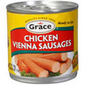 Grace Chicken Vienna Sausages in Chicken Broth 4.6 oz. packaged in an aluminum tin with yellow and red labeling, 