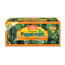Caribbean Dreams Original Peppermint Tea 24 count boxed in a package designed with green leafs and hints of orange 