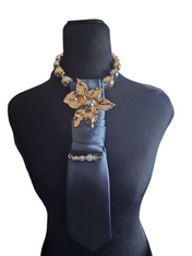 Blooming in Gray Satin Tie w/Silver and Gold Beads
