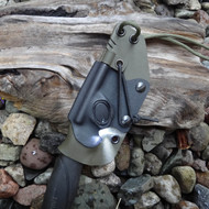 Grizzly Outdoors custom kydex Extreme Neck sheath in Olive Drab and Black with firesteel and button light for Mora, Esee, and Becker Knives