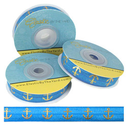 Pacific Blue Gold Anchors Print Fold Over Elastic