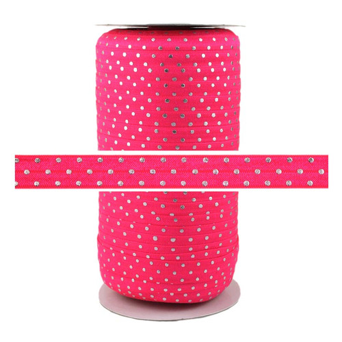 Raspberry Pink Silver Dots Fold Over Elastic 100yd