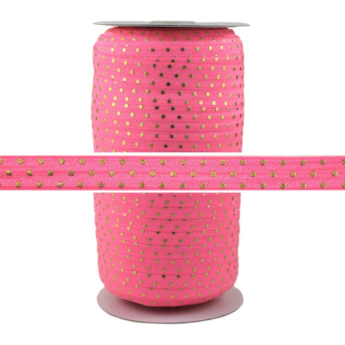 Pink Lemonade Gold Dots Fold Over Elastic 100yd