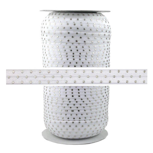White Silver Dots Print Fold Over Elastic 100yd