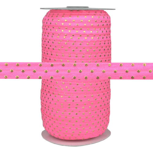 Neon Pink Gold Dots Fold Over Elastic 100yd