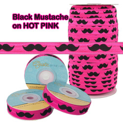 Hot Pink with Mustache Fold Over Elastic - Elastic By The Yard TM