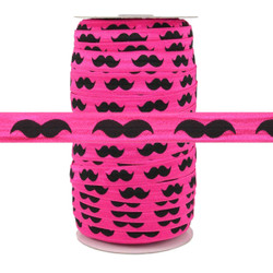 Black Mustache on Hot Pink 5/8" Fold Over Elastic 100yd
