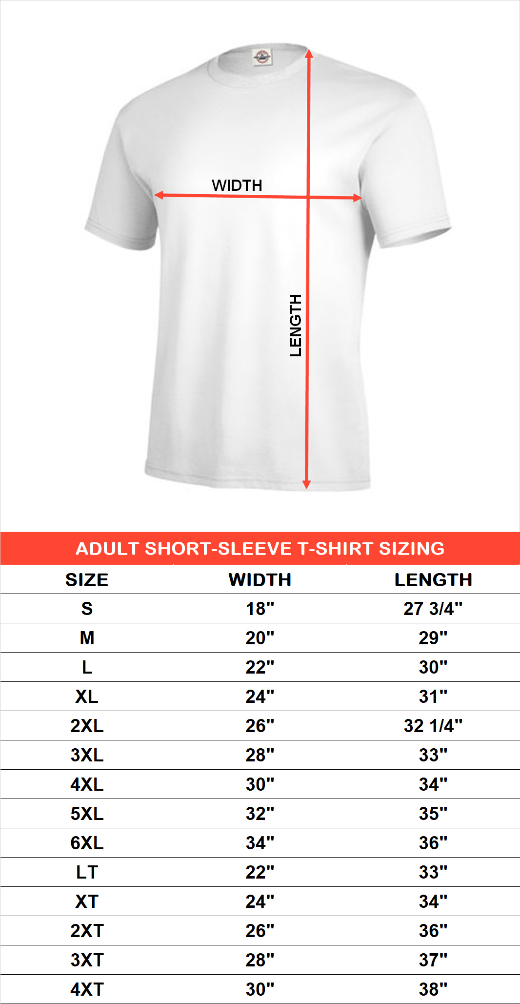 Sizing chart for the Top Gun I was Inverted t-shirt TOP5104