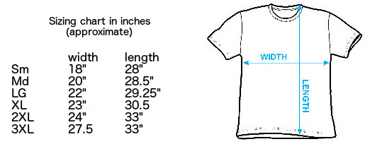 Size chart for the Chinatown Trucker t-shirt