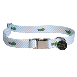 Southern Dawg Seersucker Blue with Alligators Premium Dog Collar Southern Dawg Seersucker Blue with Alligators Premium Dog Collar