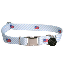 Southern Dawg Seersucker Blue with American Flags Premium Dog Collar Southern Dawg Seersucker Blue with American Flags Premium Dog Collar