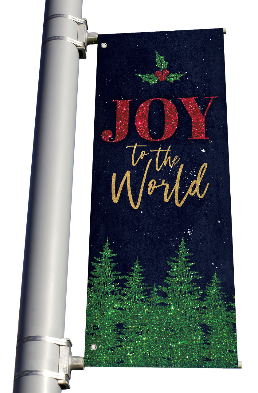 DS Light Pole Banner Joy to the World Festive Holly Trees