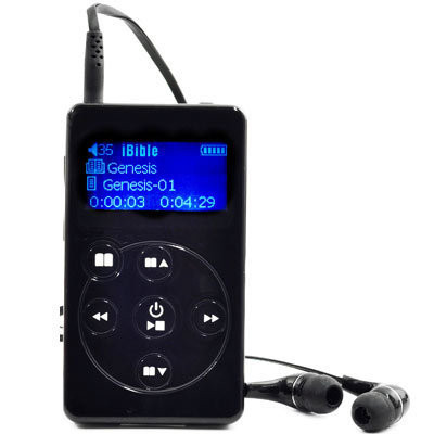 Front view - NIV Audio Bible Player and ear buds, NIV MP3 Electronic Audio Bible player