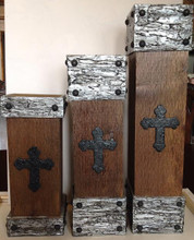 Natural Wood and Silver Pillar Candleholders with Cross