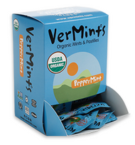 VerMints Organic PepperMint Mints – 100 Trial Packages (2 mints in each pack) in dispensing box