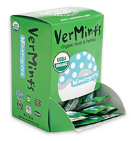 VerMints Organic Wintergreen Mints – 100 Trial Packages (2 mints in each pack) in dispensing box.