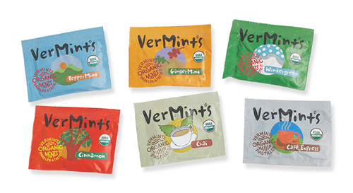 VerMints Organic Trial Size Packs - All 6 flavors
PepperMint, Wintergreen, Cinnamon, GingerMint, Chai & Cafe Express