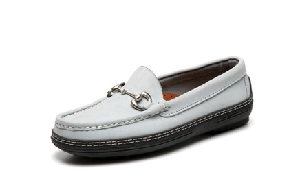 Women's handsewn Bit Driver Loafer in blue/gray Nubuck leather.
