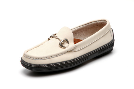 Women's handsewn Bit Driver Loafer in white Nubuck leather.