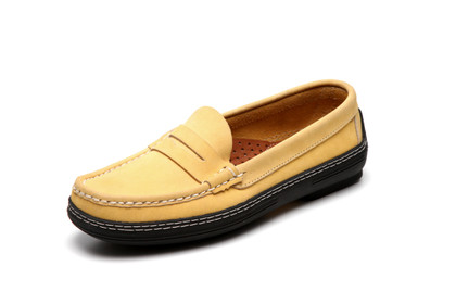 Women's handsewn Penny Driver Loafer in yellow Nubuck leather.