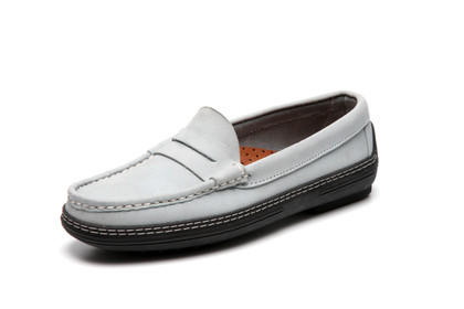 Women's handsewn Penny Driver Loafer in blue/gray Nubuck leather.