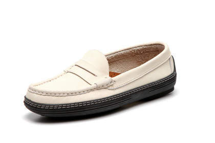 Women's handsewn Penny Driver Loafer in white Nubuck leather.