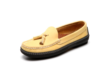 Women's handsewn Tassel Driver Loafer in yellow Nubuck leather.