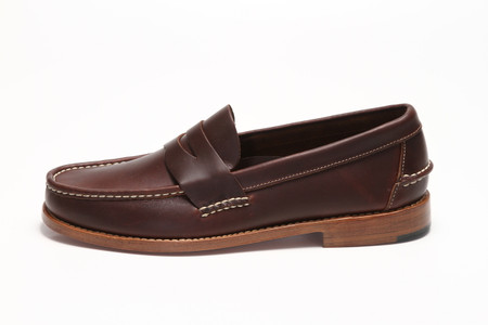 Side view, men's Handsewn Penny Loafer, with Natural Leather Outsole, Dark Brown
