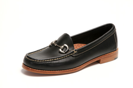 Women's handsewn Bit Loafer in Black Leather with Natural Leather Outsole.