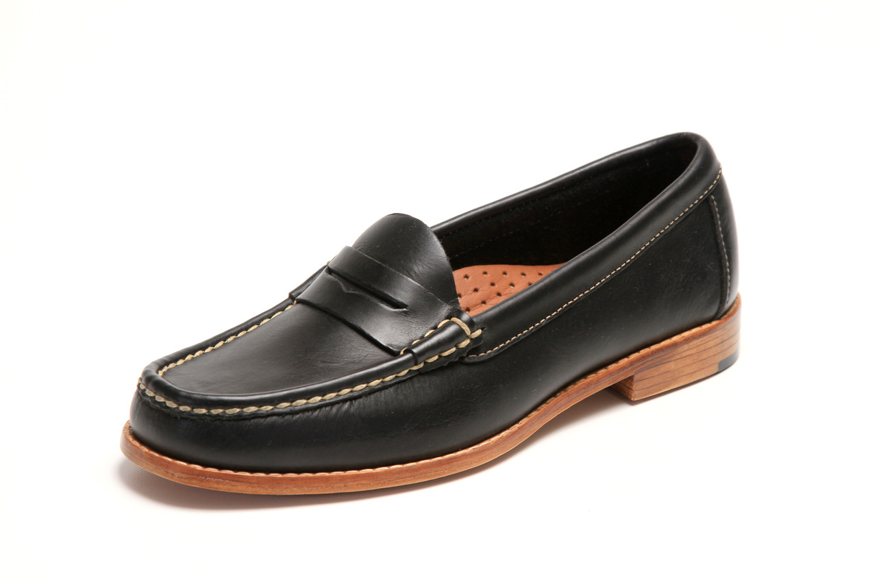 black leather penny loafers womens