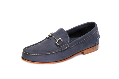 Men's Bit Loafer (Nubuk Navy) with Full Leather Heel & Outsole, with Silver Bit - angle view