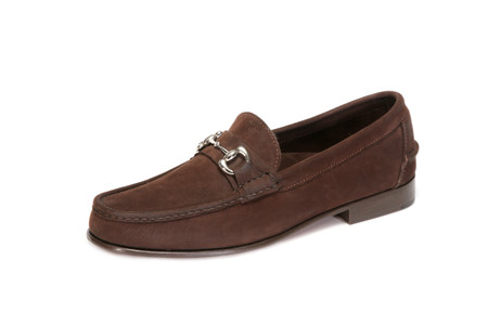 Men's Nubuk Dark Brown Bit Loafer with Full Leather Outsole & Heel, with Silver Bit - angle view