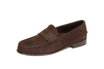 Men's Nubuk Dark Brown Penny Loafer with Full Leather Outsole & Heel - angle view