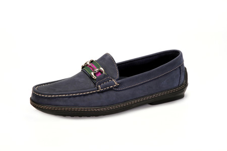Men's Bit Stripe Driver Moc in Nubuk Navy with Silver Bit - angle view