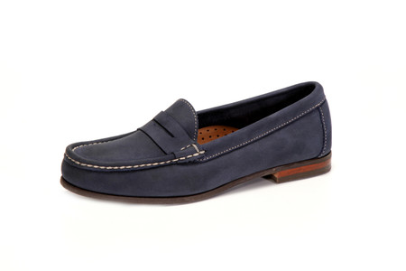 Women's Comfort Penny Loafer in Nubuk Navy - angle view