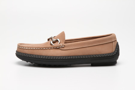 Side view, women's handsewn Bit Driver Loafer in beige Nubuck leather.