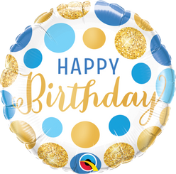 18" round foil birthday gold and blue dots