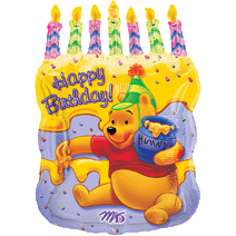 Pooh cake w candles foil balloon