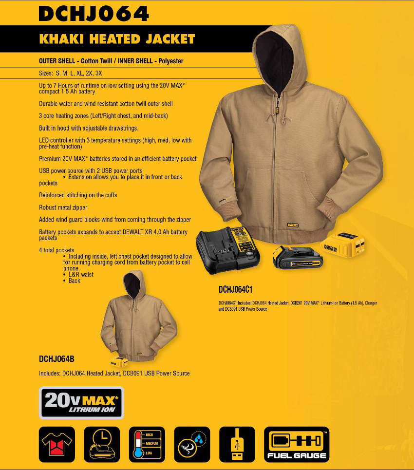 DeWalt DCHJ064 Khaki Heated Hooded Jacket