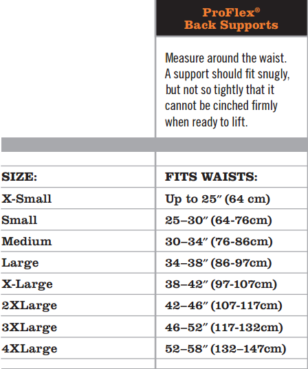 Proflex Back Support Belt Size Chart