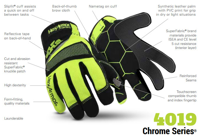 HexArmor 4019 Mechanics+ Hi-Vis SuperFabric L5 Cut Resistance Gloves Product Specs