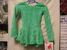 2014 Mondor Model 2723 Skating Dress... Born to Skate printed glitter velvet dress with classic cut skirt and long sleeves. Attached brief and hair tie included... FIBERS90% POLYESTER, 10% ELASTHANE

Color Green
