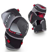 CCM Jetspeed FT390 Senior Hockey Elbow Pads

Construction: 3 Piece Design with Dry Foam Liner - Great mobility with closed cell foam that absorbs less sweat to keep the player dry and the product lightweight
Forearm: Molded PE with Extended Coverage - High level of protection
Elbow Cap: Molded PE Cap with JDP Design - JDP cap redirects the impact around the joint with a great fit
Bicep: Molded PE Shell + New Arched Strap - Lightweight protection and new arched strap keeps pad closer to the body without compromising freedom of movement
Attachment: Anatomical Neoprene Middle Strap + Nylon Forearm Strap - Allows the elbow pad to stay closer to the body without compromising freedom movement
