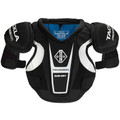Ice hockey shoulder pads with full coverage low profile shoulder caps. Spine and sternum guard with poly inserts. Ergonomic design and fit. Quick-dry fabric.