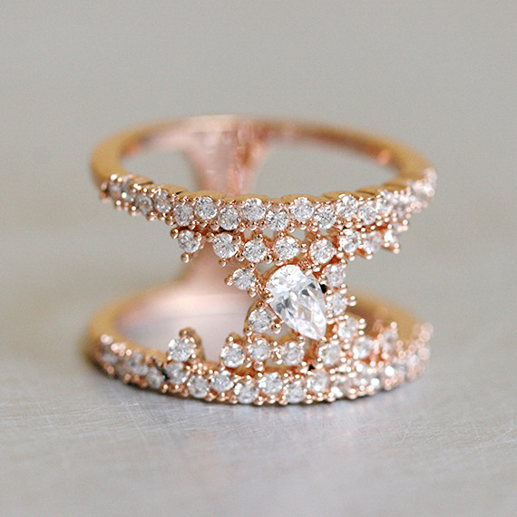 Pave Tear Drop  Rose  Gold  Phantom Double Ring  Sterling 