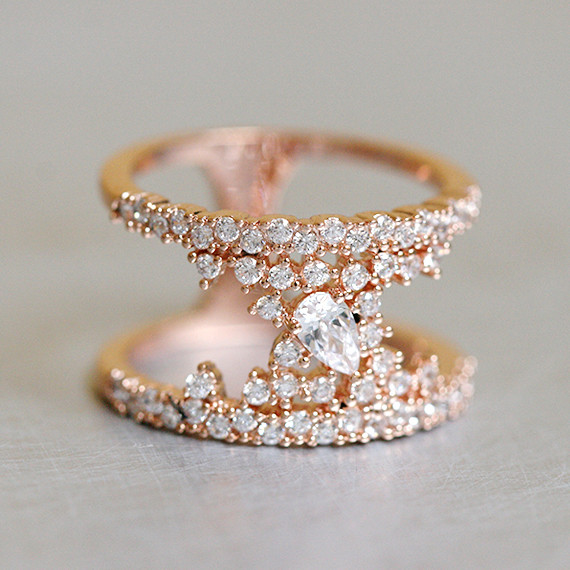 Pave Tear Drop Rose Gold Phantom Double Ring Sterling Pave Tear Drop Rose Gold Phantom Double Ring Sterling