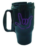 Travel Mug 16 0z, Black Mug with OUTLINE I LOVE YOU (Purple)