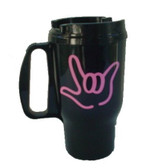 Travel Mug 16 0z, Black Mug with OUTLINE I LOVE YOU HAND (PINK)