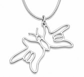 SIGN LANGUAGE ASL BUTTERFLY I LOVE YOU HANDS NECKLACE, SILVER