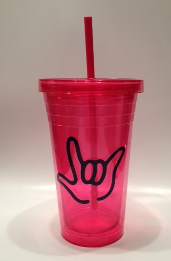 Tumbler with Straw Small Pink with Black I LOVE YOU ( 16 oz.) - DeafGifts,  LLC